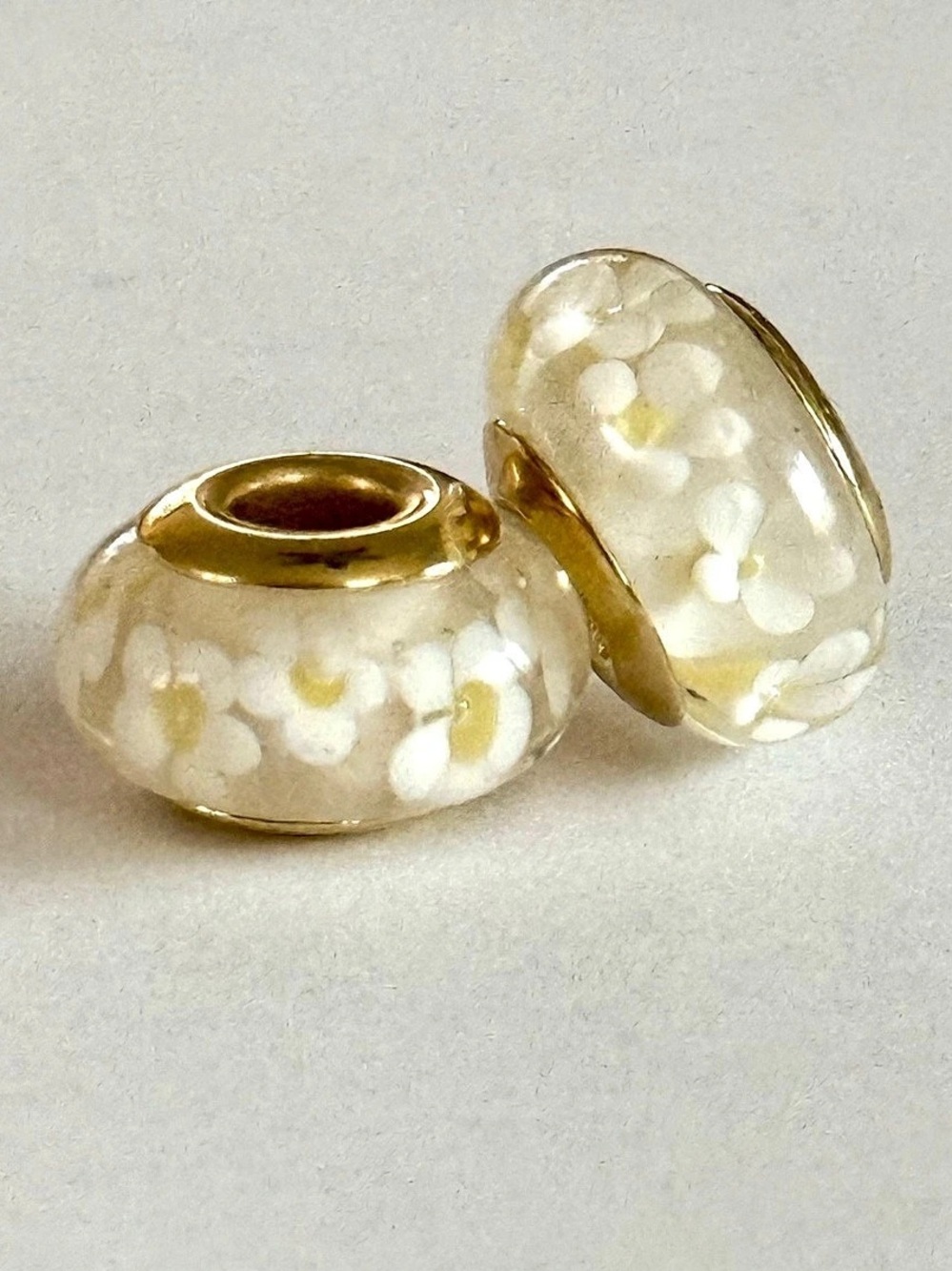 White flowers Murano Glass charms set with Gold Core fit Pandora bracelets